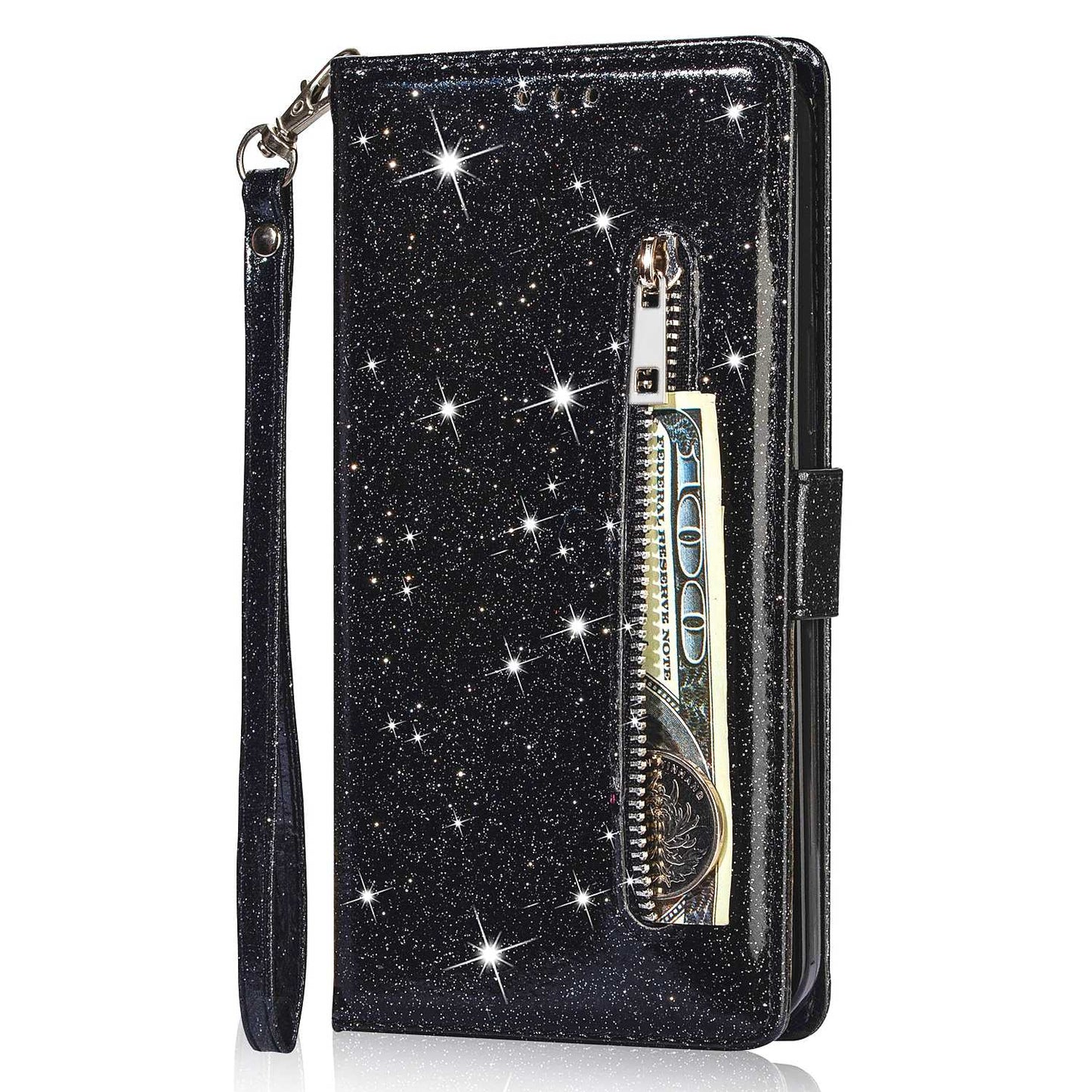 For Samsung Galaxy S24+ Case Zipper Pocket Glittery Leather Phone Cover - Black