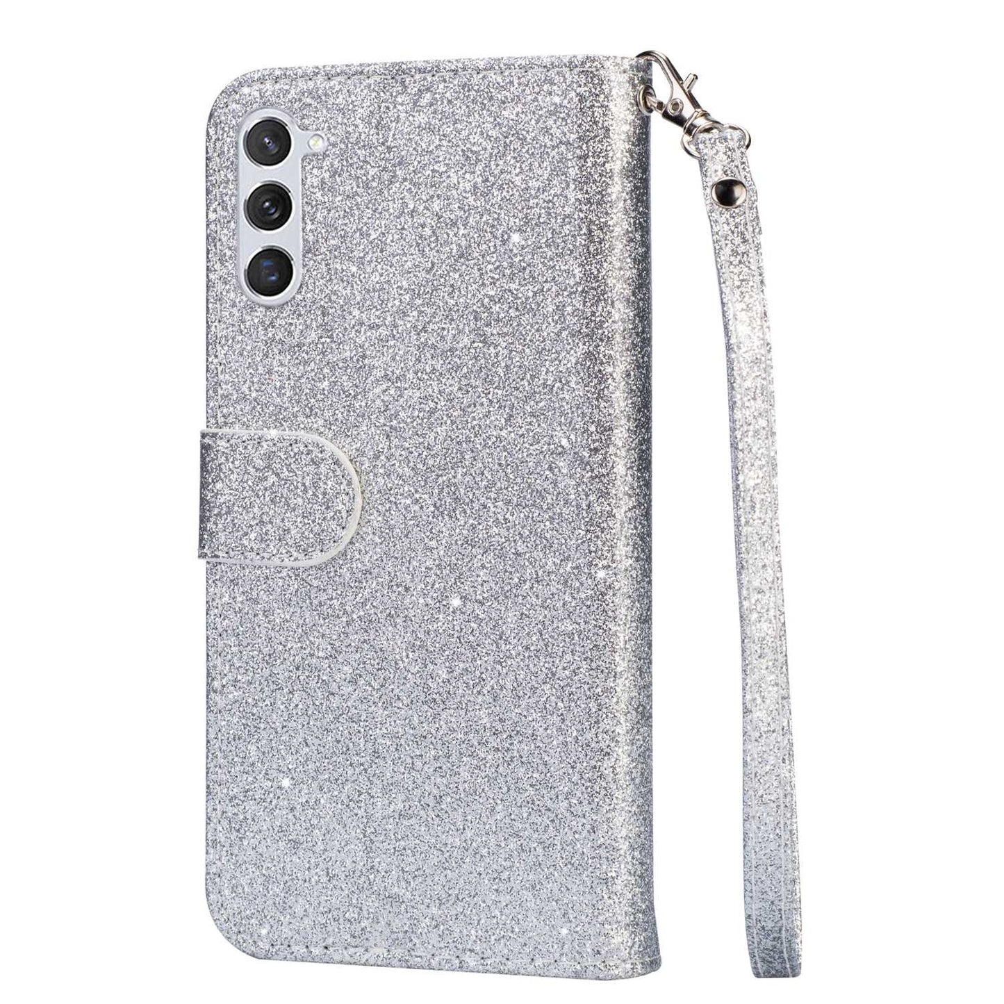 For Samsung Galaxy S24+ Case Zipper Pocket Glittery Leather Phone Cover - Silver