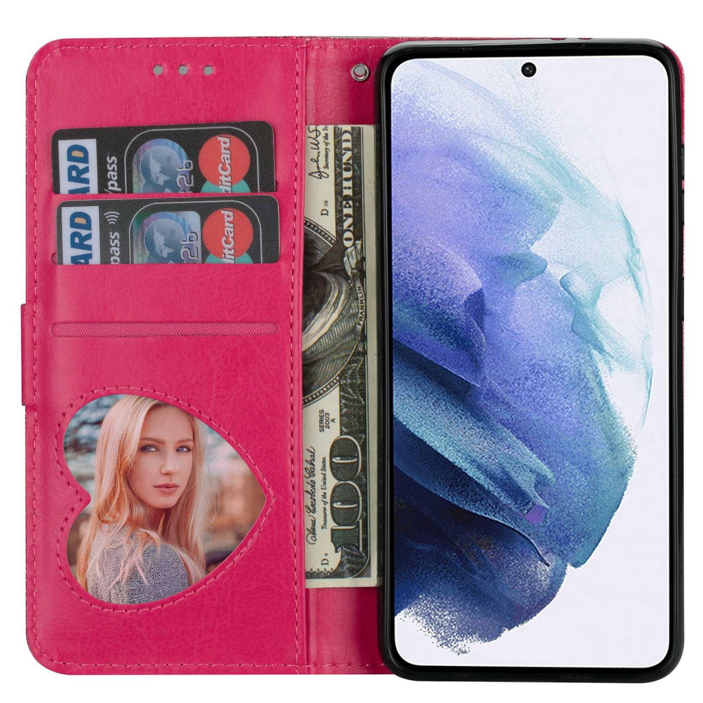 For Samsung Galaxy S24+ Case Zipper Pocket Glittery Leather Phone Cover - Rose