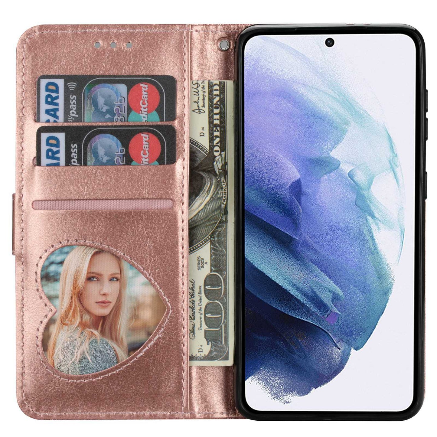 For Samsung Galaxy S24+ Case Zipper Pocket Glittery Leather Phone Cover - Rose Gold
