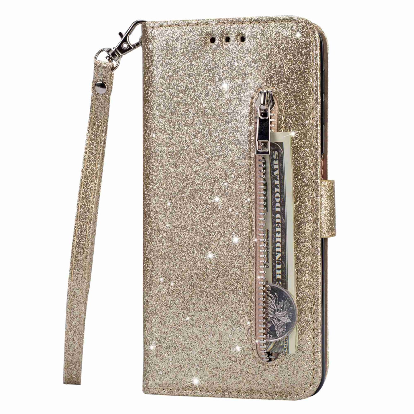 For Samsung Galaxy S24+ Case Zipper Pocket Glittery Leather Phone Cover - Gold