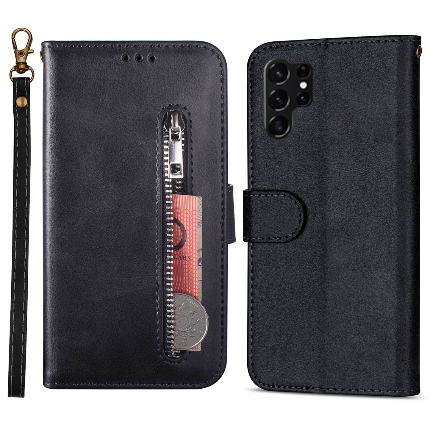 For Samsung Galaxy S24 Ultra Case Zipper Pocket Calf Texture Leather Phone Cover - Black