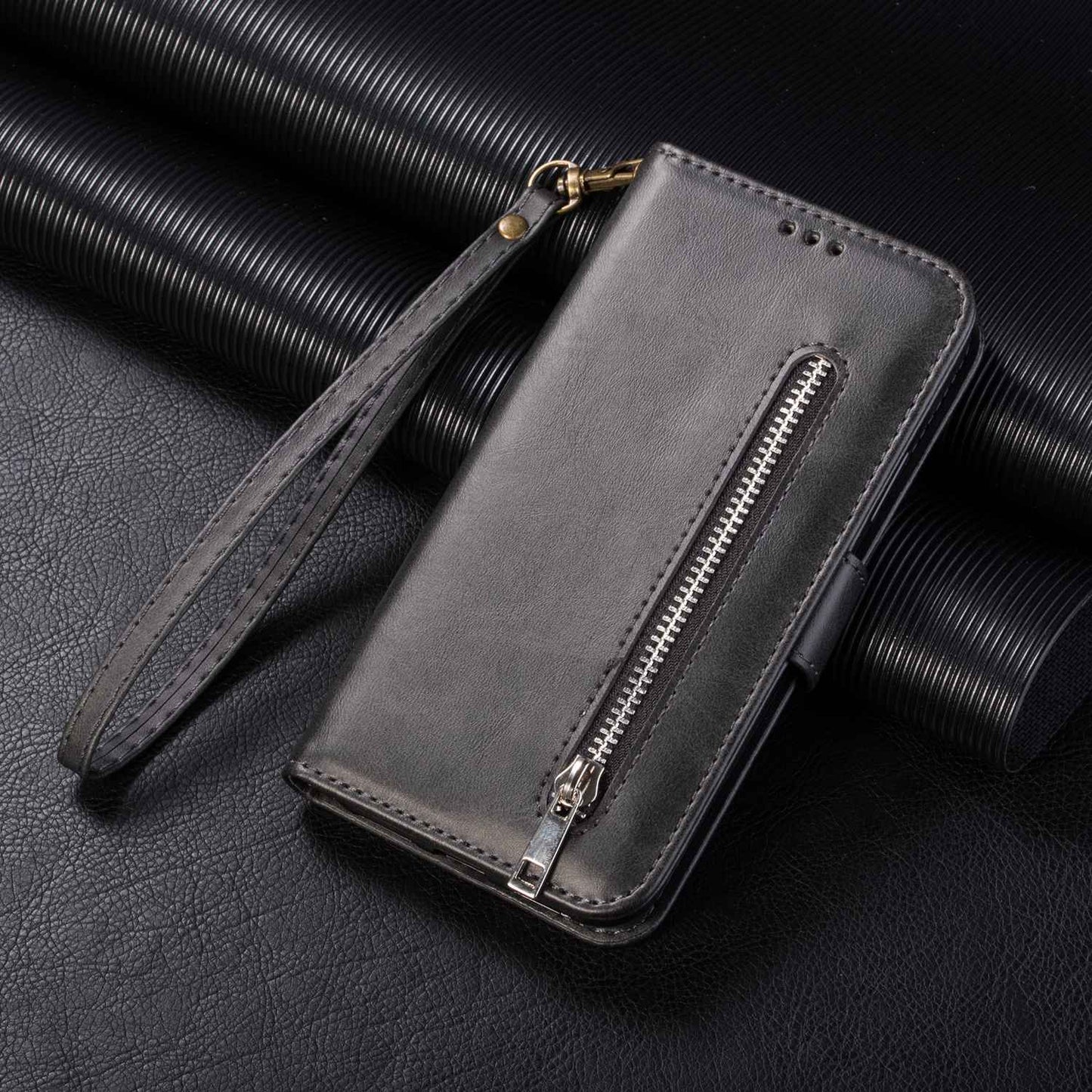 For Samsung Galaxy S24 Ultra Case Zipper Pocket Calf Texture Leather Phone Cover - Black