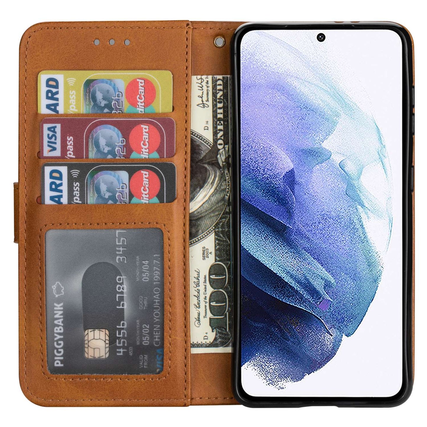 For Samsung Galaxy S24 Ultra Case Zipper Pocket Calf Texture Leather Phone Cover - Brown