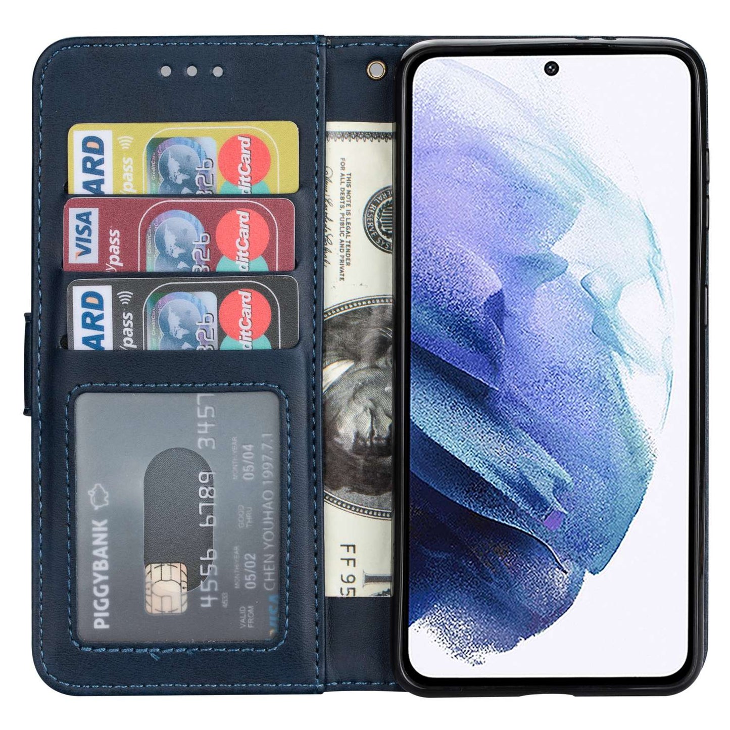 For Samsung Galaxy S24 Ultra Case Zipper Pocket Calf Texture Leather Phone Cover - Blue