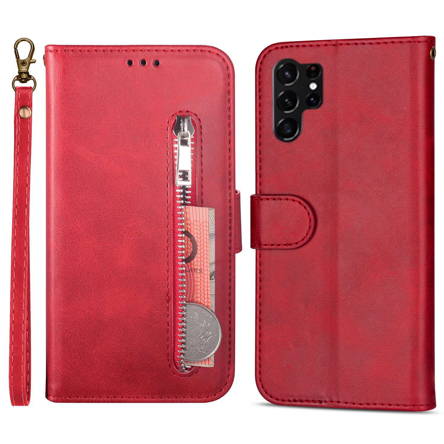 For Samsung Galaxy S24 Ultra Case Zipper Pocket Calf Texture Leather Phone Cover - Red
