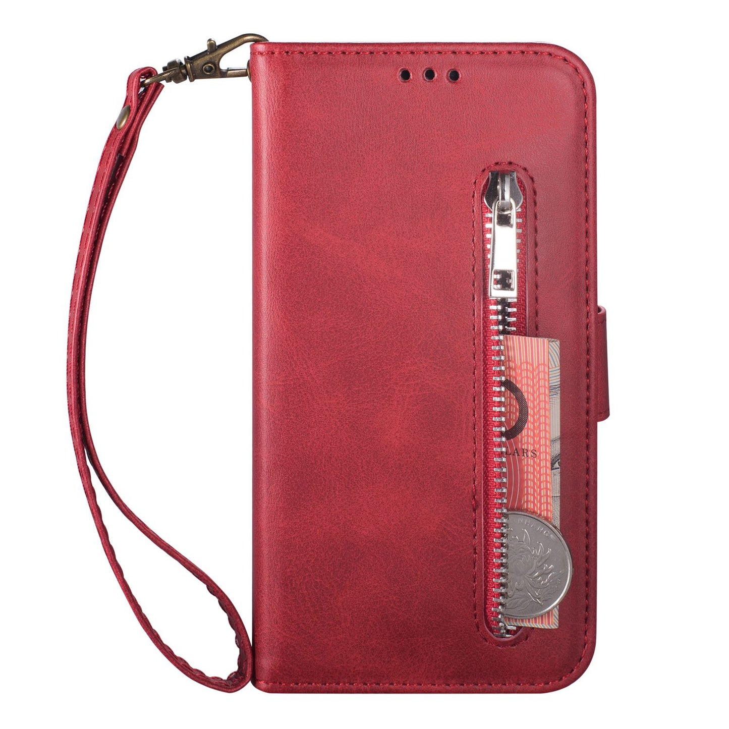 For Samsung Galaxy S24 Ultra Case Zipper Pocket Calf Texture Leather Phone Cover - Red