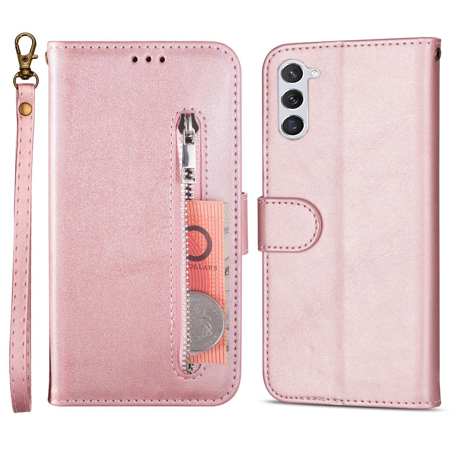 For Samsung Galaxy S24 Ultra Case Zipper Pocket Calf Texture Leather Phone Cover - Rose Gold