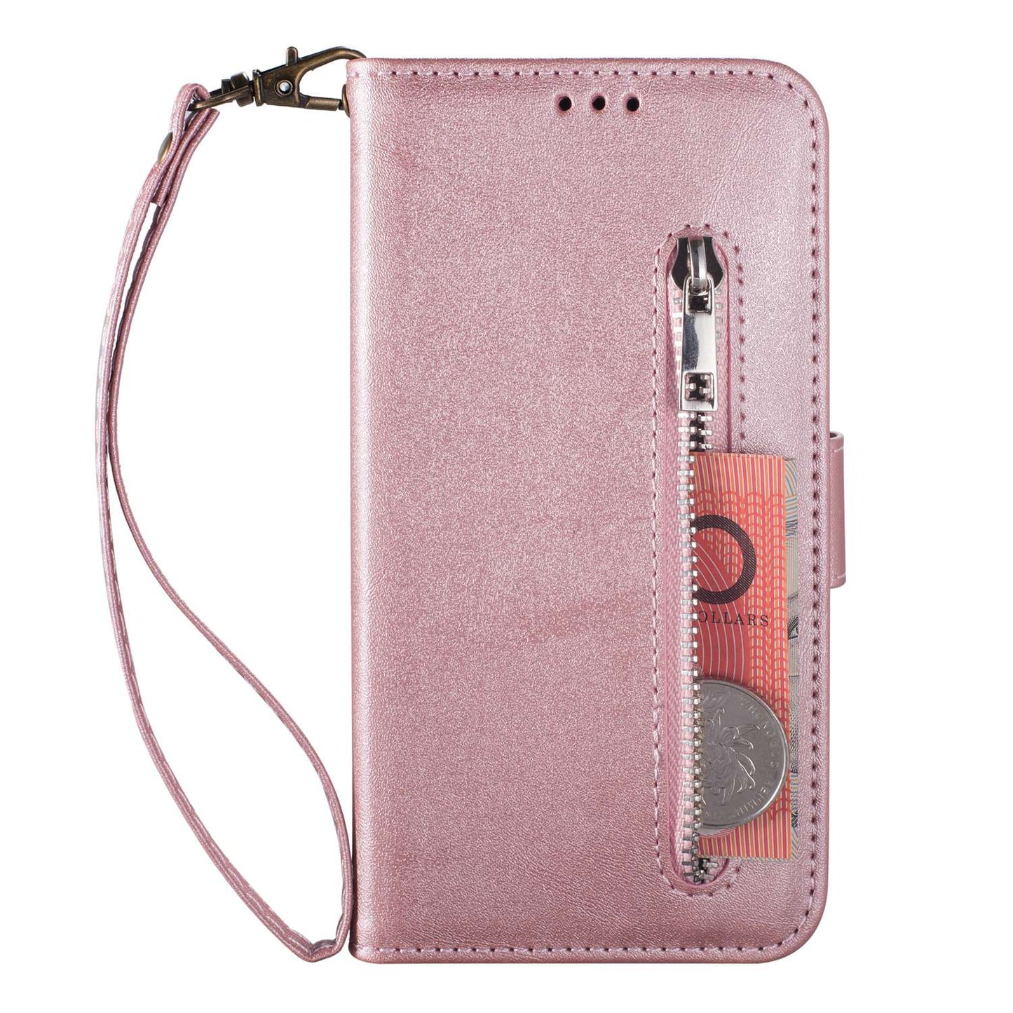 For Samsung Galaxy S24 Ultra Case Zipper Pocket Calf Texture Leather Phone Cover - Rose Gold