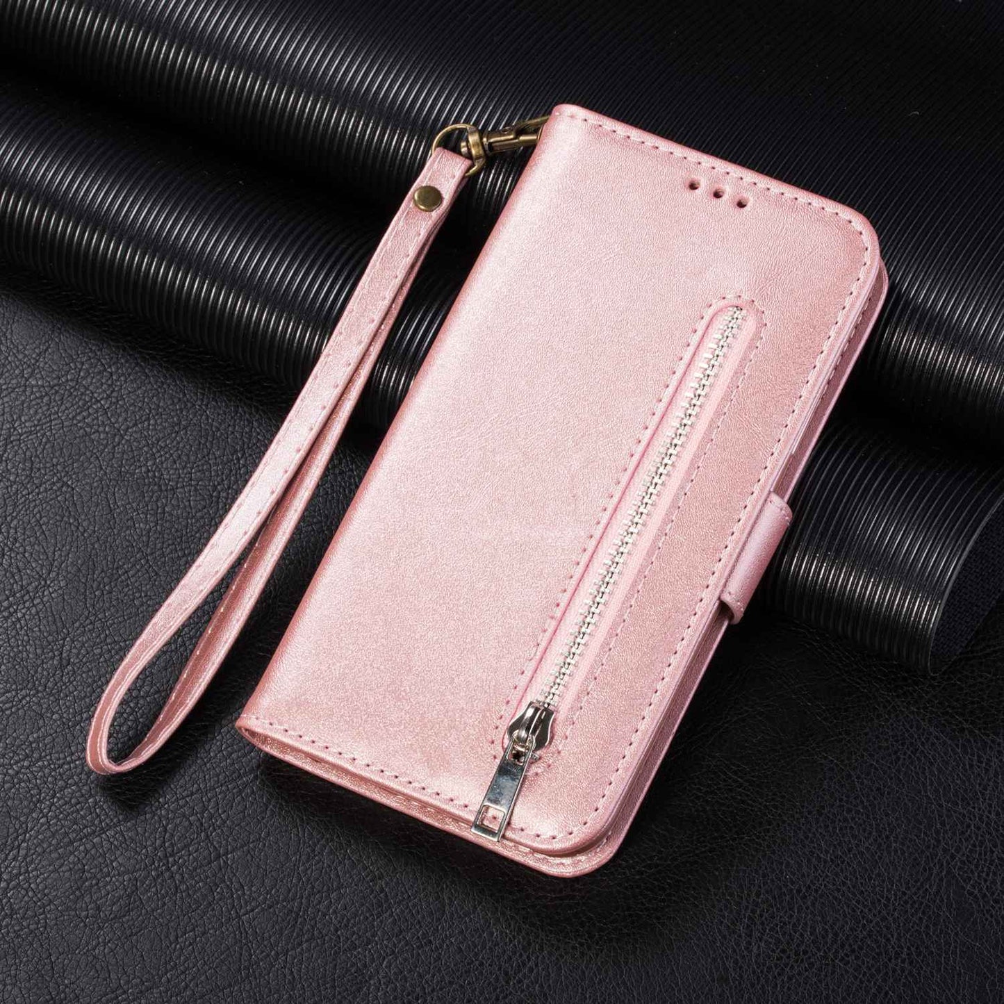 For Samsung Galaxy S24 Ultra Case Zipper Pocket Calf Texture Leather Phone Cover - Rose Gold