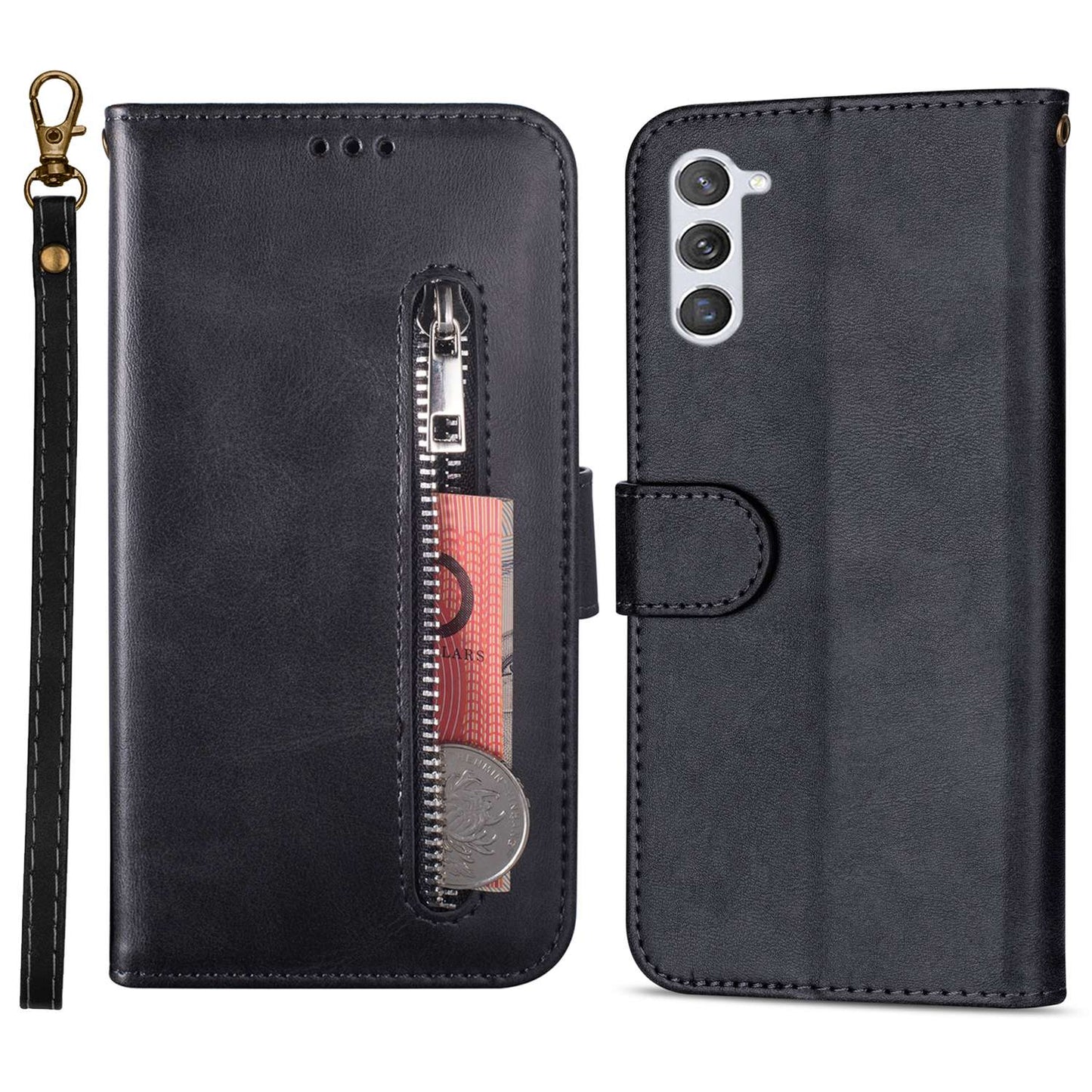 For Samsung Galaxy S24 Case Calf Texture PU Leather Zipper Pocket Cover - Black