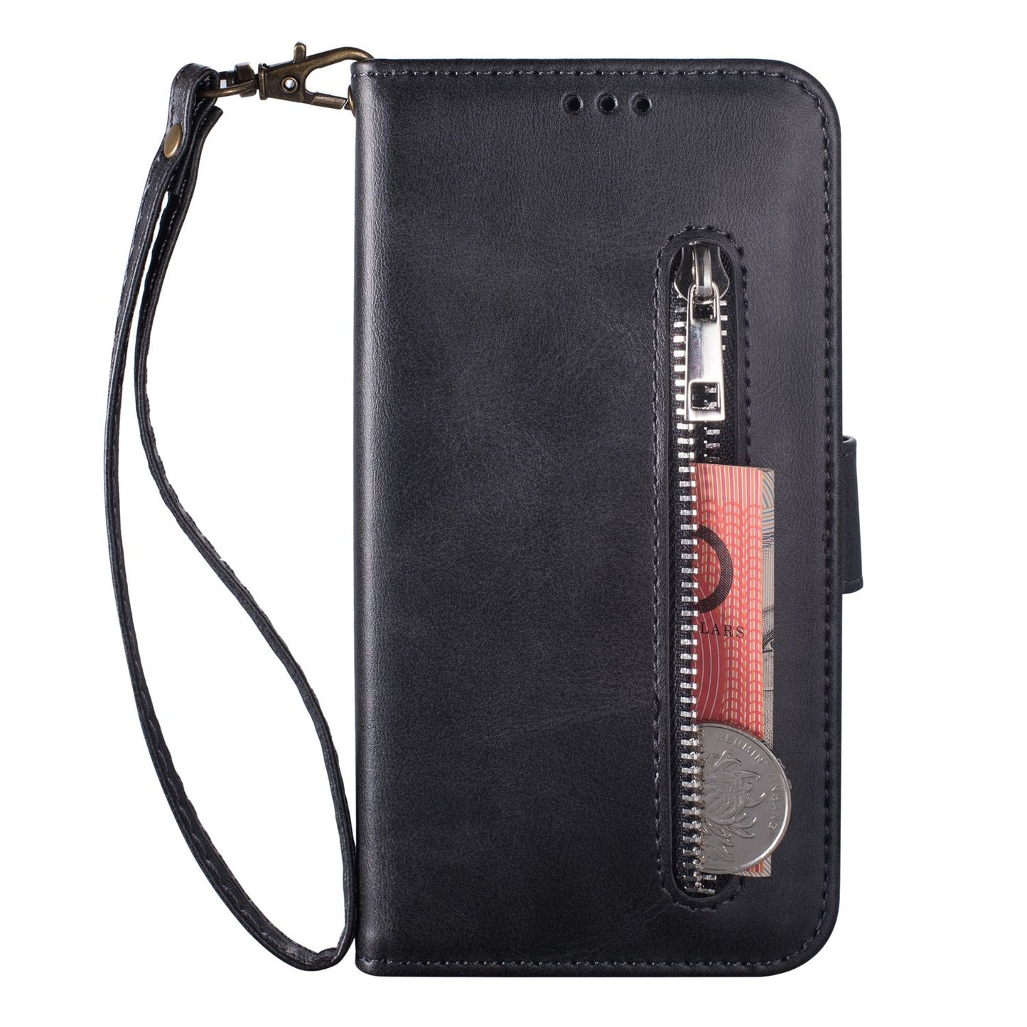 For Samsung Galaxy S24 Case Calf Texture PU Leather Zipper Pocket Cover - Black