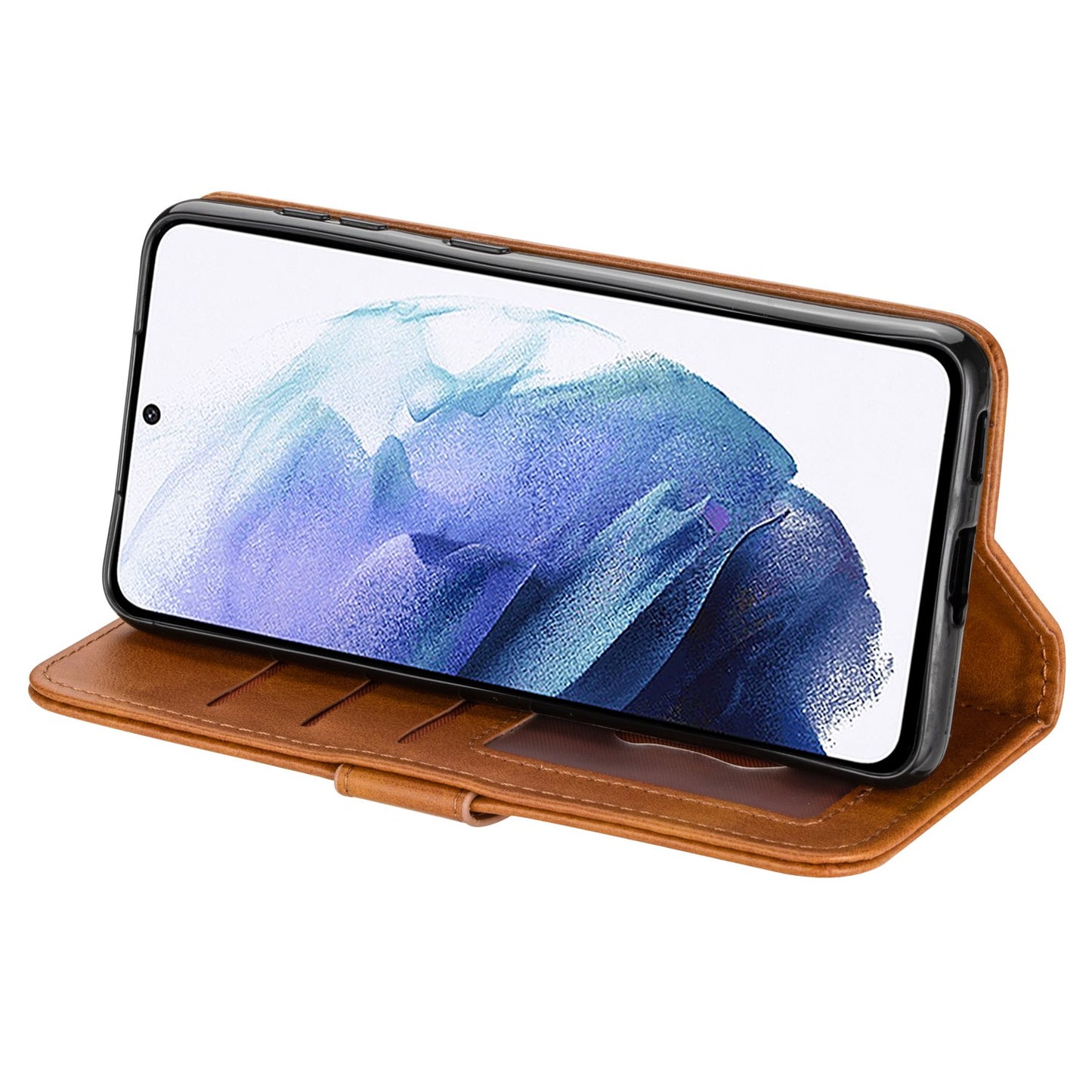 For Samsung Galaxy S24 Case Calf Texture PU Leather Zipper Pocket Cover - Brown