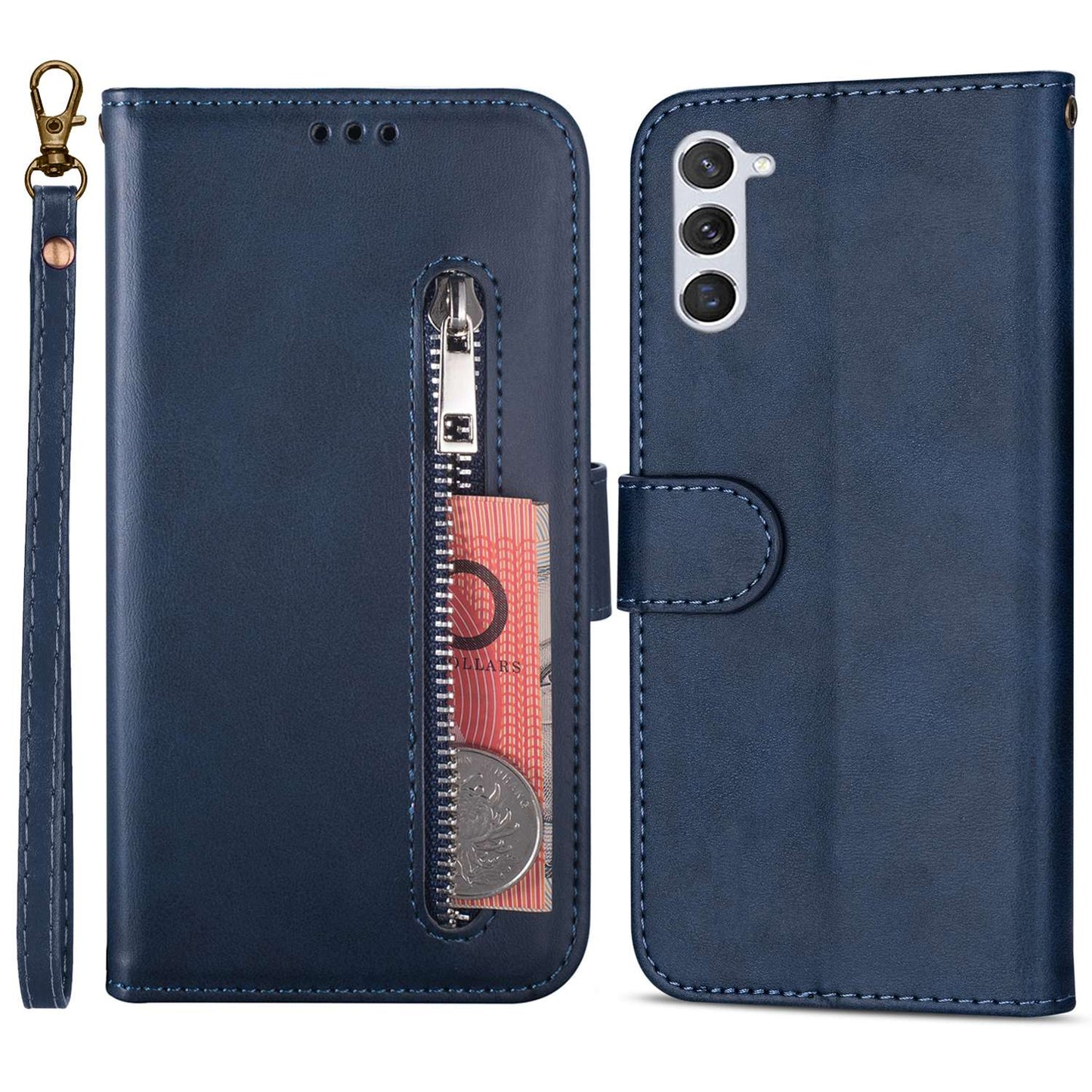 For Samsung Galaxy S24 Case Calf Texture PU Leather Zipper Pocket Cover - Blue