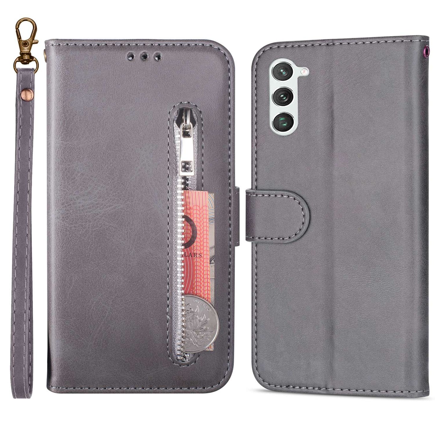 For Samsung Galaxy S24 Case Calf Texture PU Leather Zipper Pocket Cover - Grey