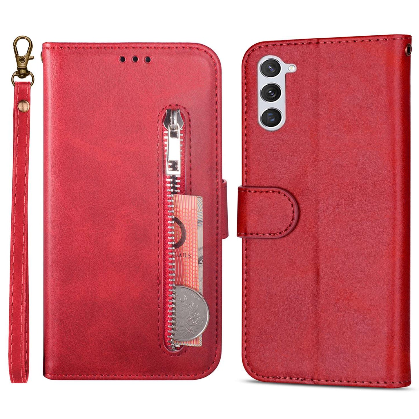 For Samsung Galaxy S24 Case Calf Texture PU Leather Zipper Pocket Cover - Red