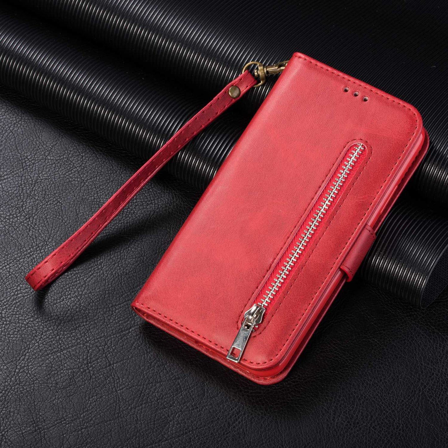 For Samsung Galaxy S24 Case Calf Texture PU Leather Zipper Pocket Cover - Red