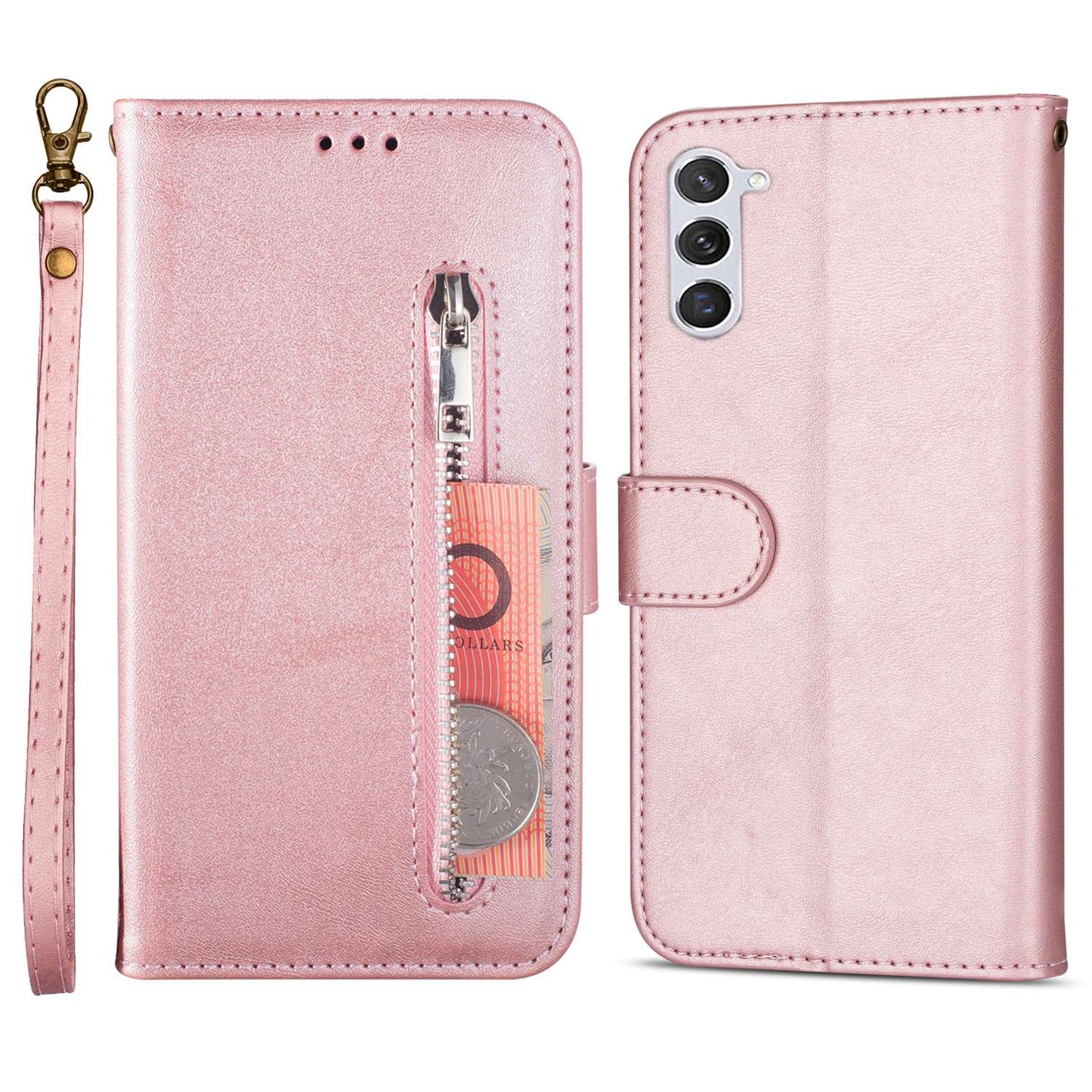 For Samsung Galaxy S24 Case Calf Texture PU Leather Zipper Pocket Cover - Rose Gold