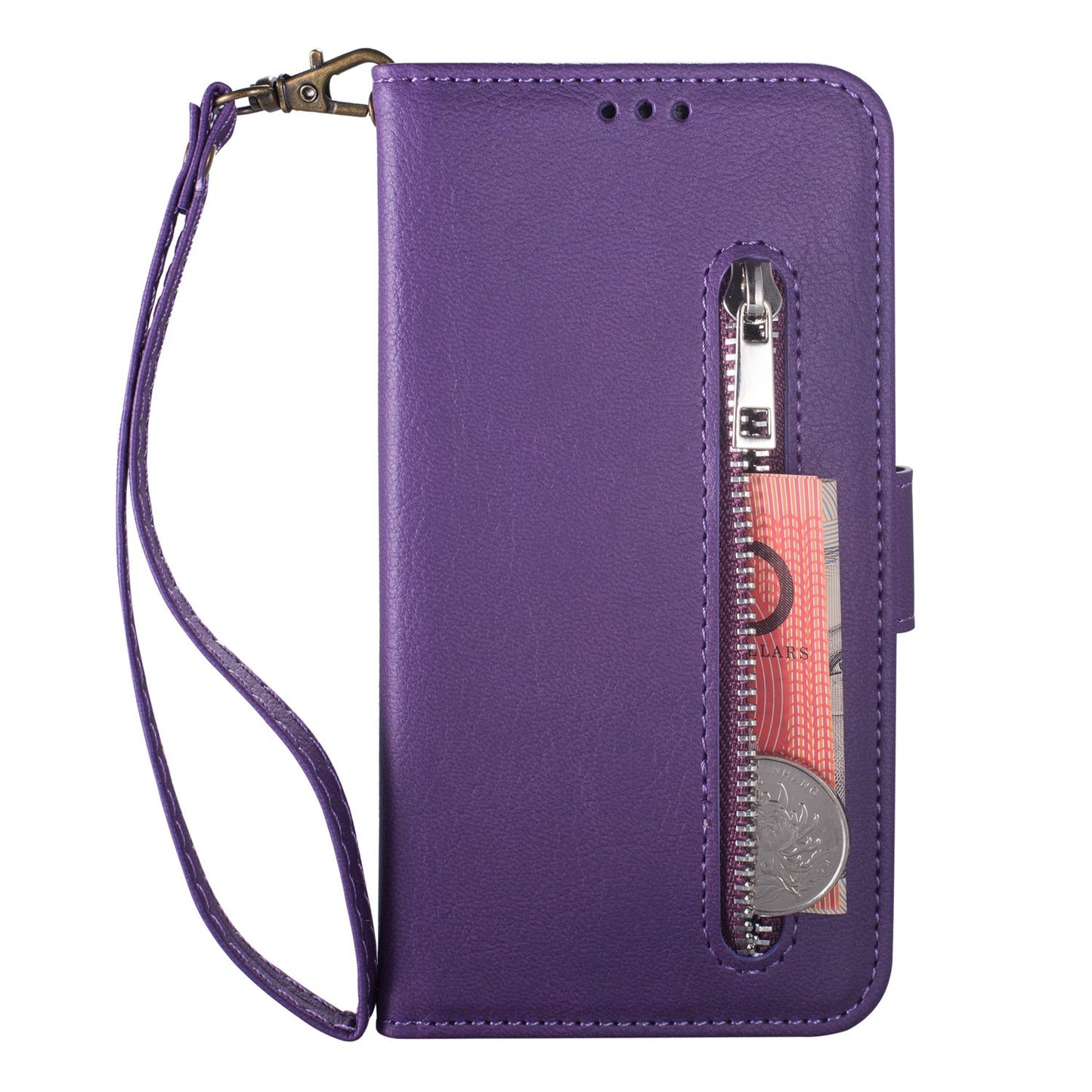 For Samsung Galaxy S24+ Case Zipper Pocket Leather Cover with Wallet Stand - Purple