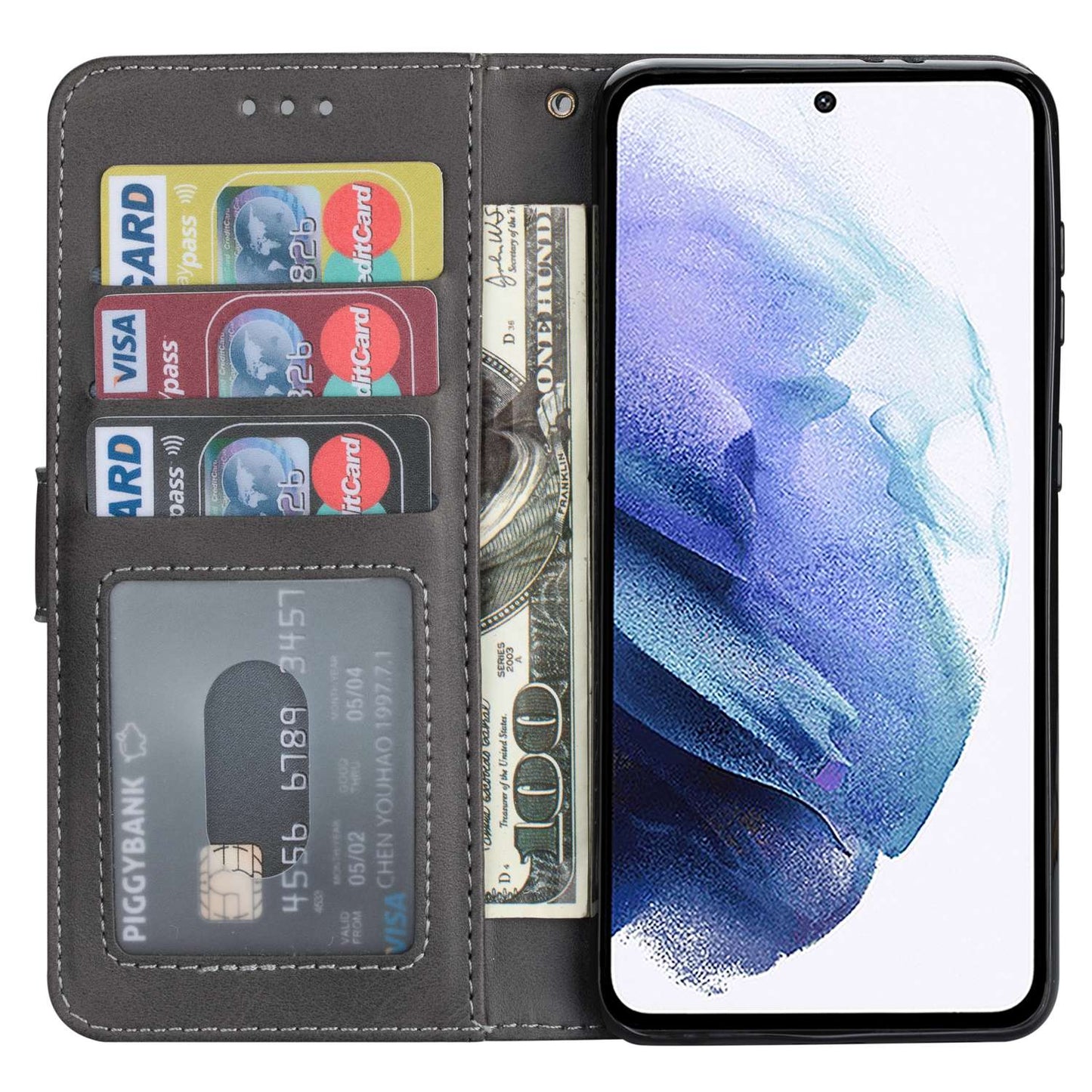 For Samsung Galaxy S24+ Case Zipper Pocket Leather Cover with Wallet Stand - Grey