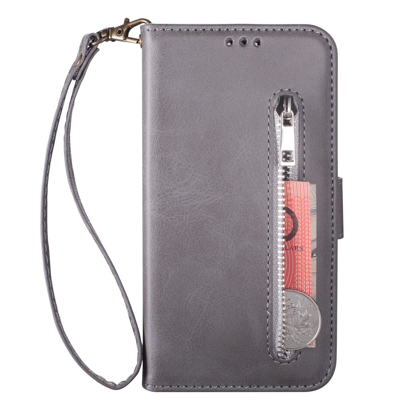 For Samsung Galaxy S24+ Case Zipper Pocket Leather Cover with Wallet Stand - Grey