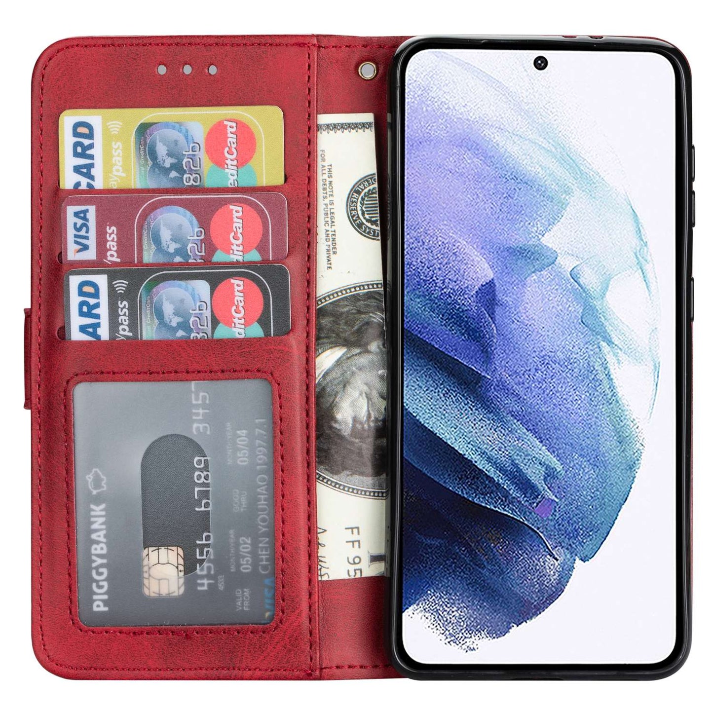 For Samsung Galaxy S24+ Case Zipper Pocket Leather Cover with Wallet Stand - Red