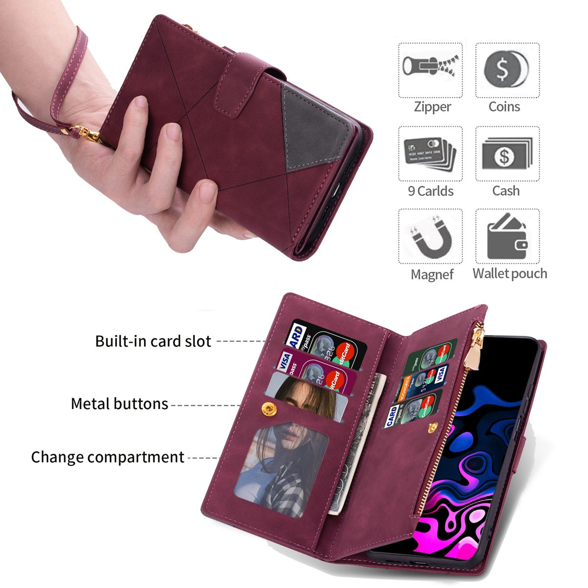For Samsung Galaxy S24 Leather Case Multiple Card Slots Phone Stand Cover - Red