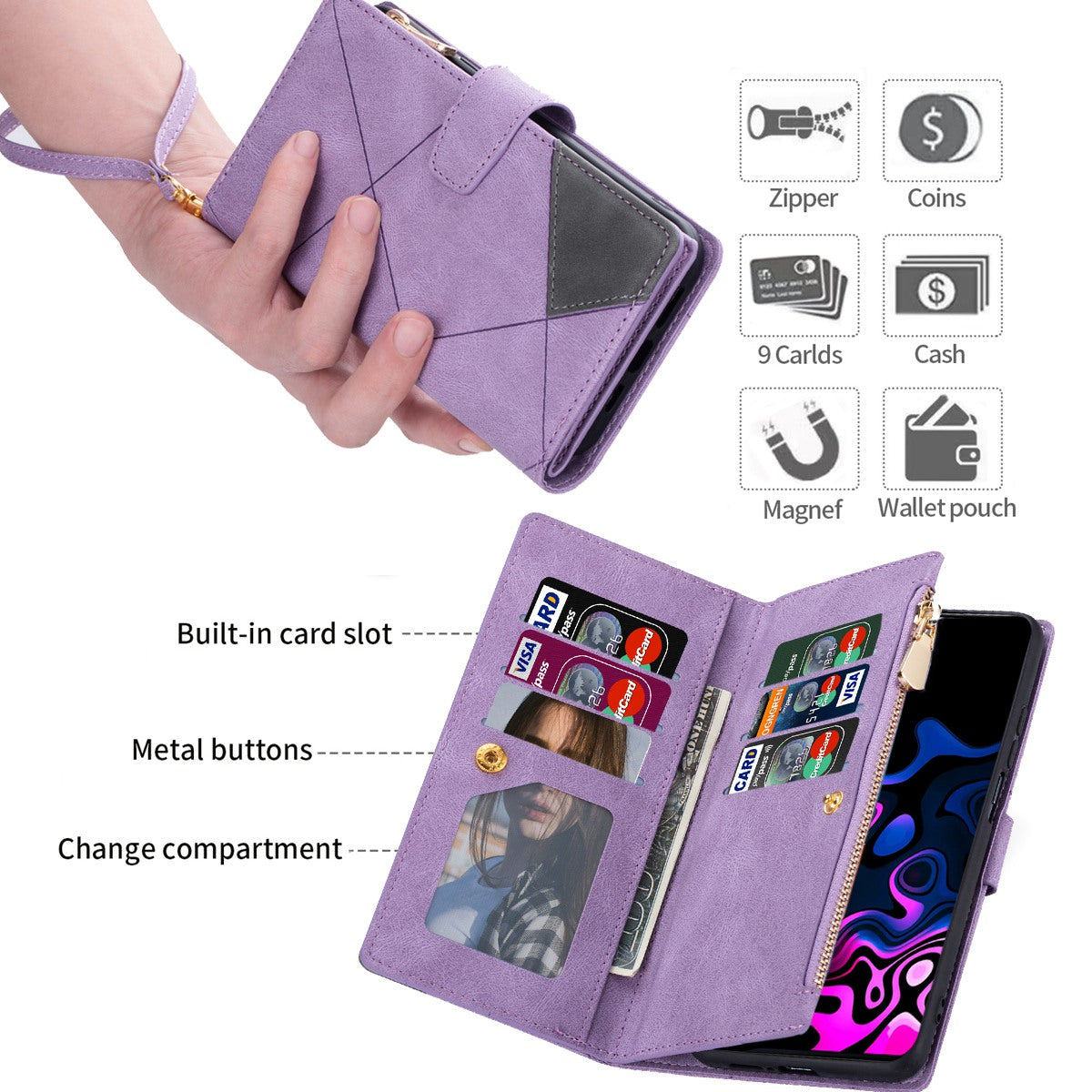 For Samsung Galaxy S24 Leather Case Multiple Card Slots Phone Stand Cover - Purple