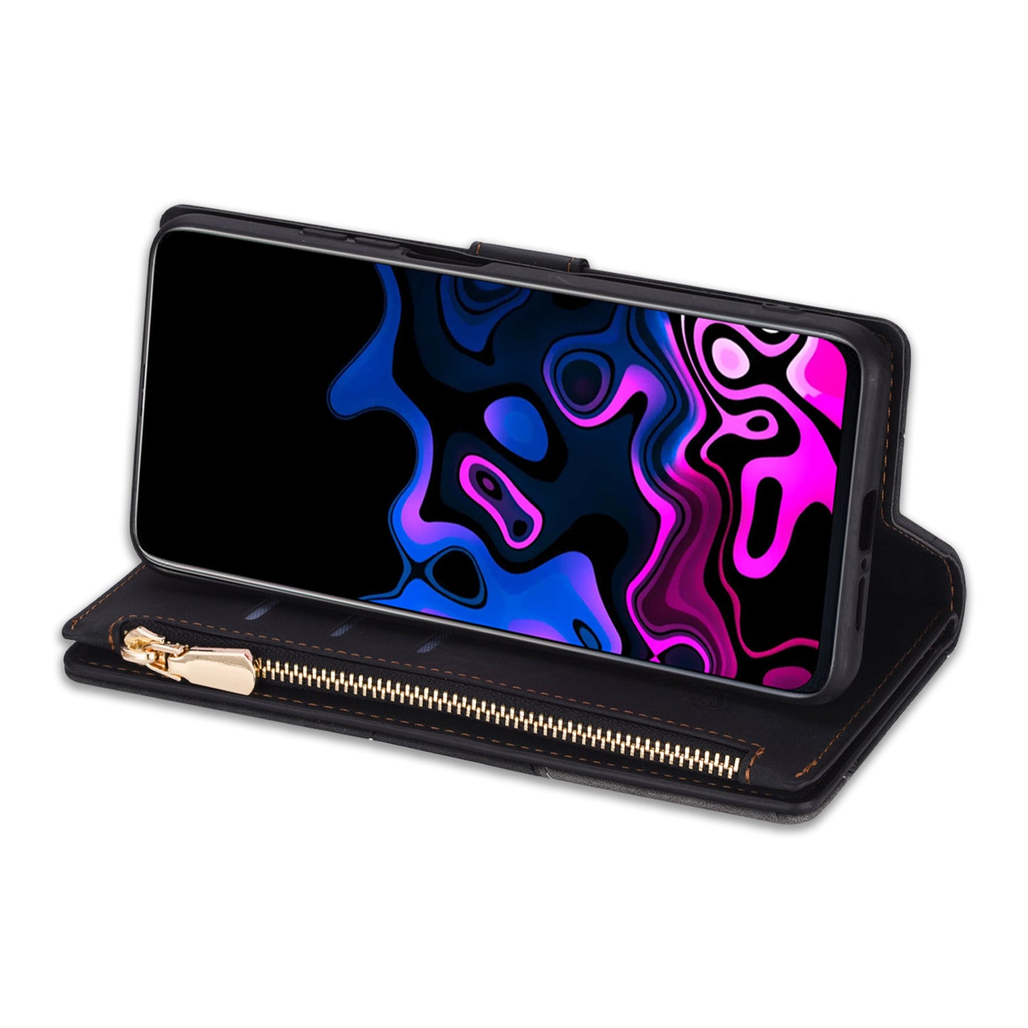 For Samsung Galaxy S24 Ultra Case PU Leather Zipper Pocket Lines Imprinted Cover - Black