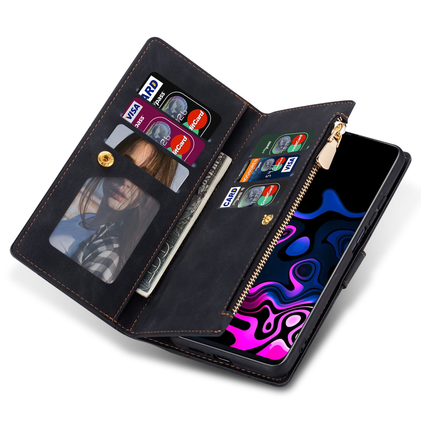 For Samsung Galaxy S24 Ultra Case PU Leather Zipper Pocket Lines Imprinted Cover - Black