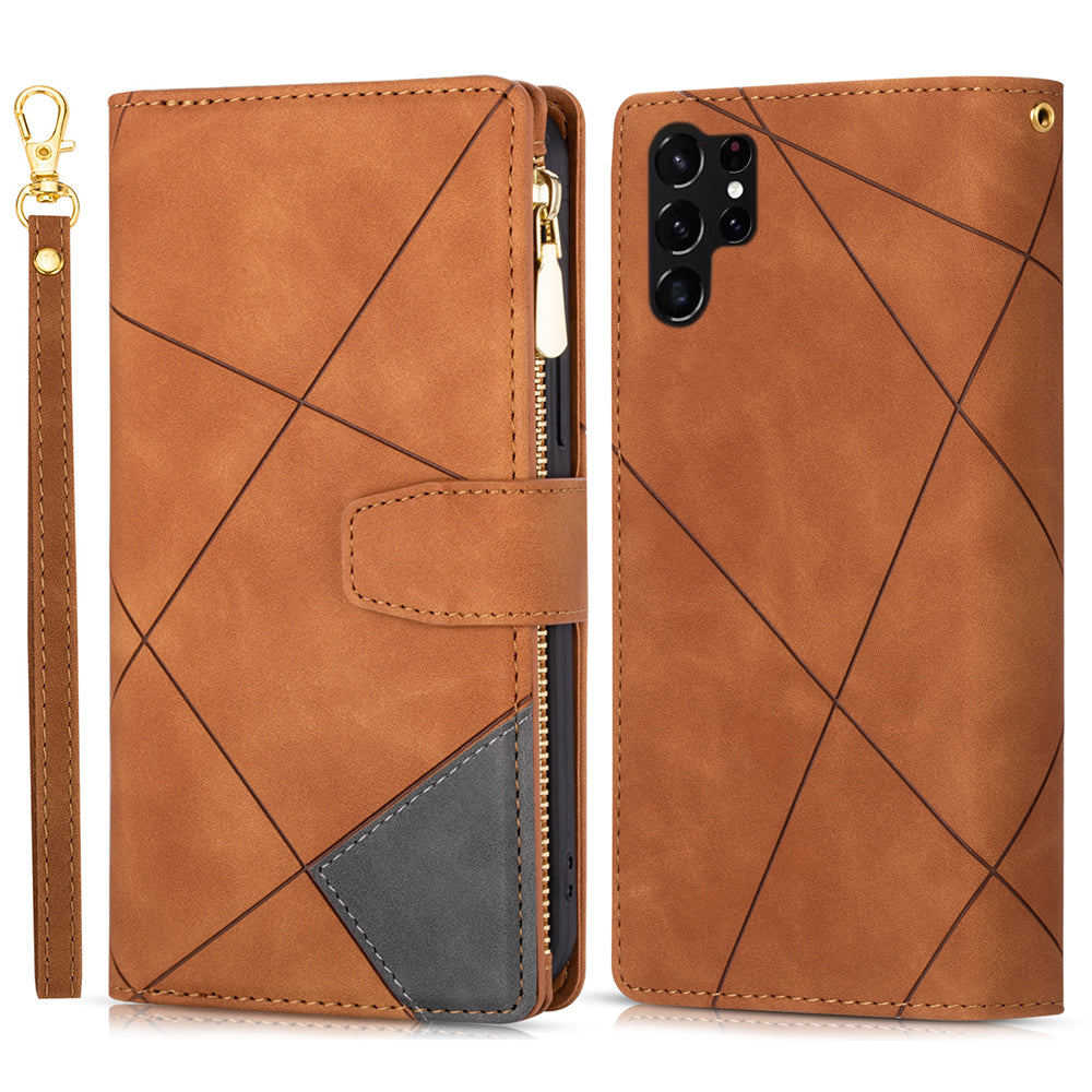 For Samsung Galaxy S24 Ultra Case PU Leather Zipper Pocket Lines Imprinted Cover - Brown