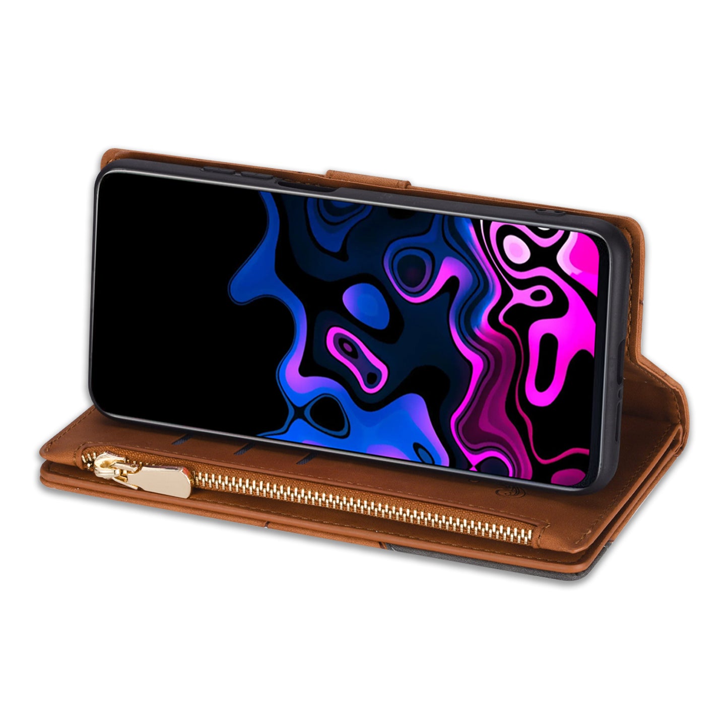 For Samsung Galaxy S24 Ultra Case PU Leather Zipper Pocket Lines Imprinted Cover - Brown
