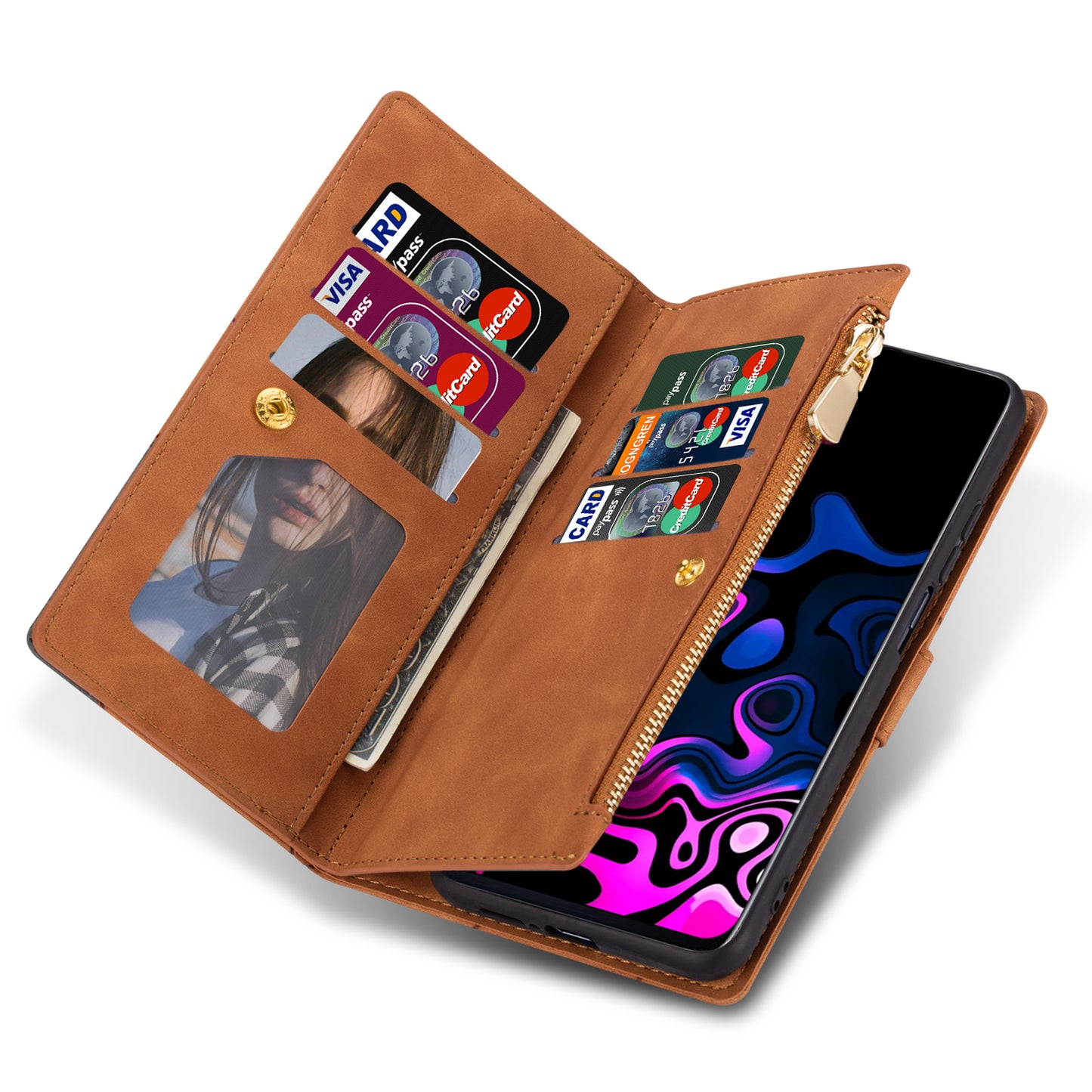 For Samsung Galaxy S24 Ultra Case PU Leather Zipper Pocket Lines Imprinted Cover - Brown