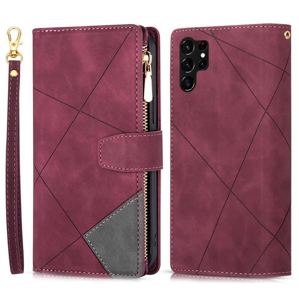 For Samsung Galaxy S24 Ultra Case PU Leather Zipper Pocket Lines Imprinted Cover - Red