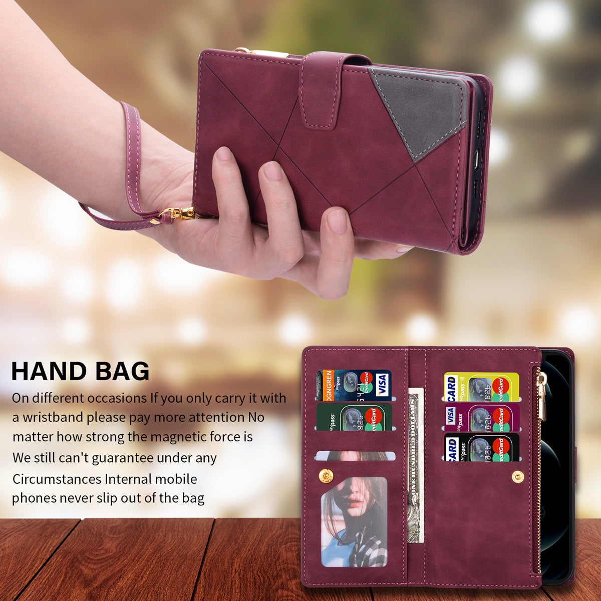 For Samsung Galaxy S24 Ultra Case PU Leather Zipper Pocket Lines Imprinted Cover - Red