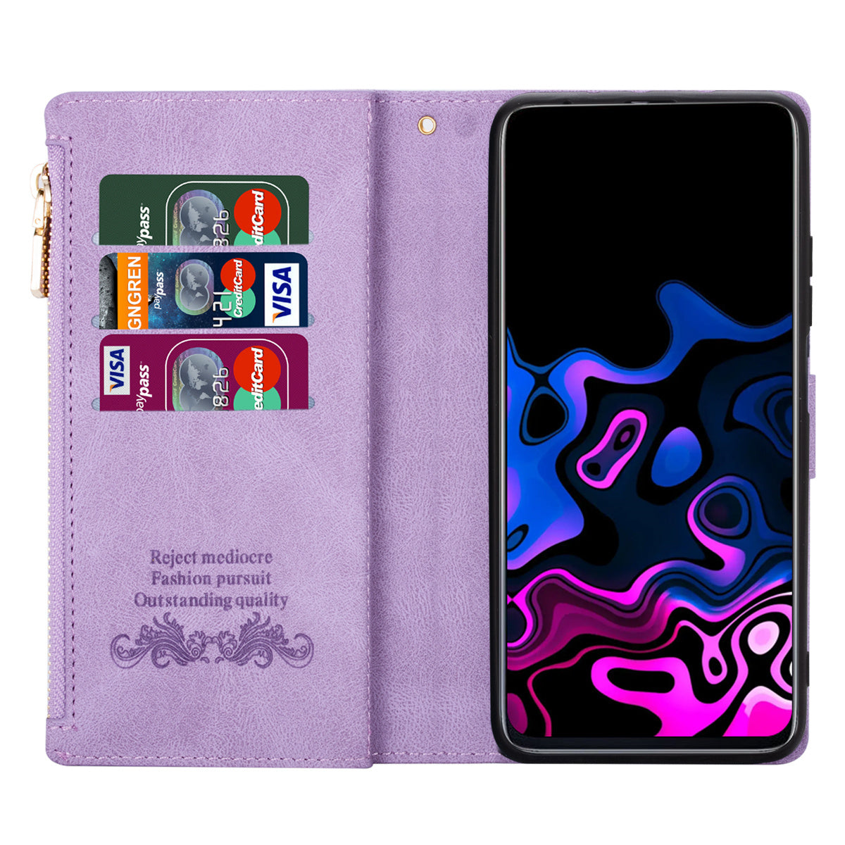 For Samsung Galaxy S24 Ultra Case PU Leather Zipper Pocket Lines Imprinted Cover - Purple