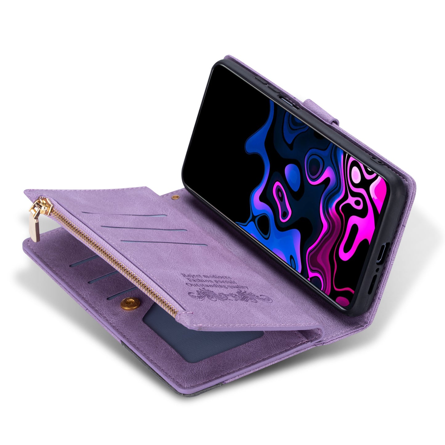 For Samsung Galaxy S24 Ultra Case PU Leather Zipper Pocket Lines Imprinted Cover - Purple