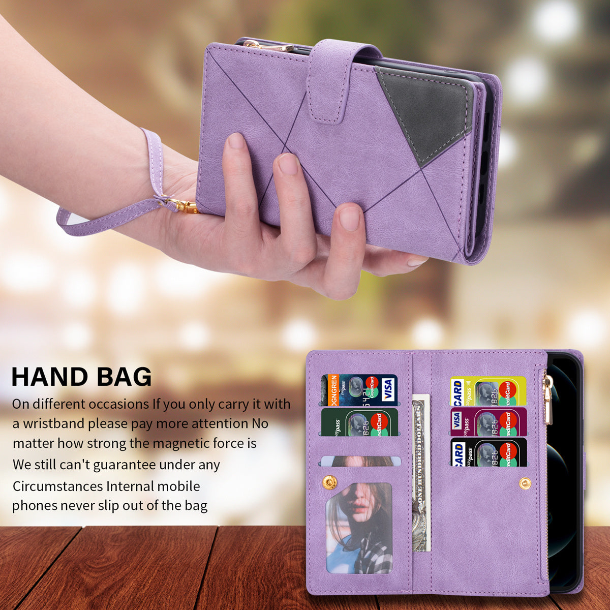 For Samsung Galaxy S24 Ultra Case PU Leather Zipper Pocket Lines Imprinted Cover - Purple