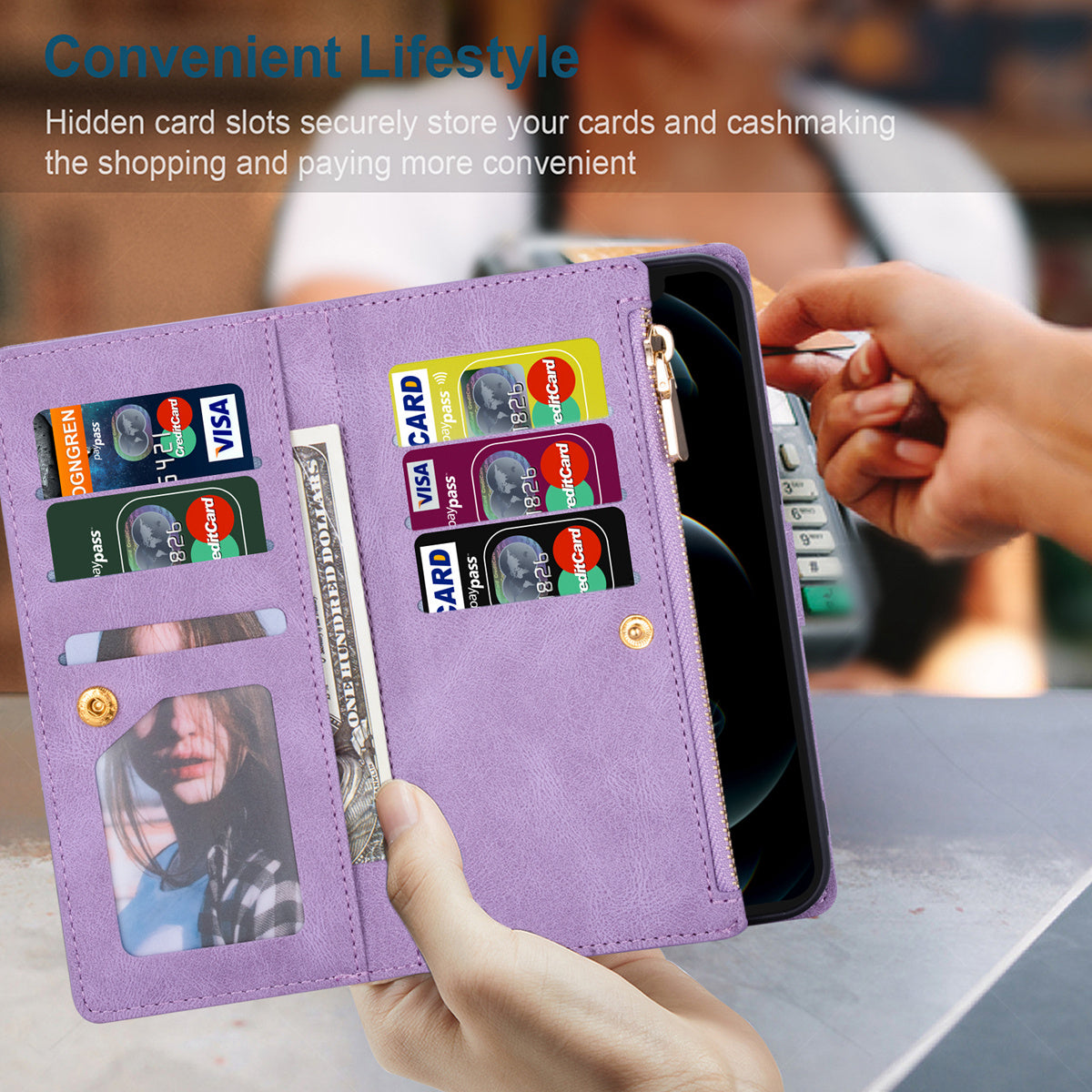 For Samsung Galaxy S24 Ultra Case PU Leather Zipper Pocket Lines Imprinted Cover - Purple