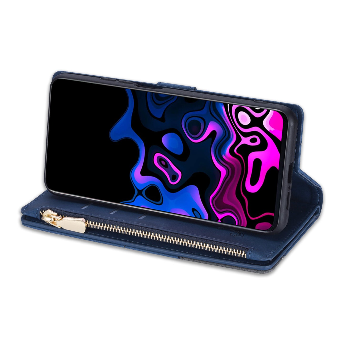 For Samsung Galaxy S24 Ultra Case PU Leather Zipper Pocket Lines Imprinted Cover - Blue