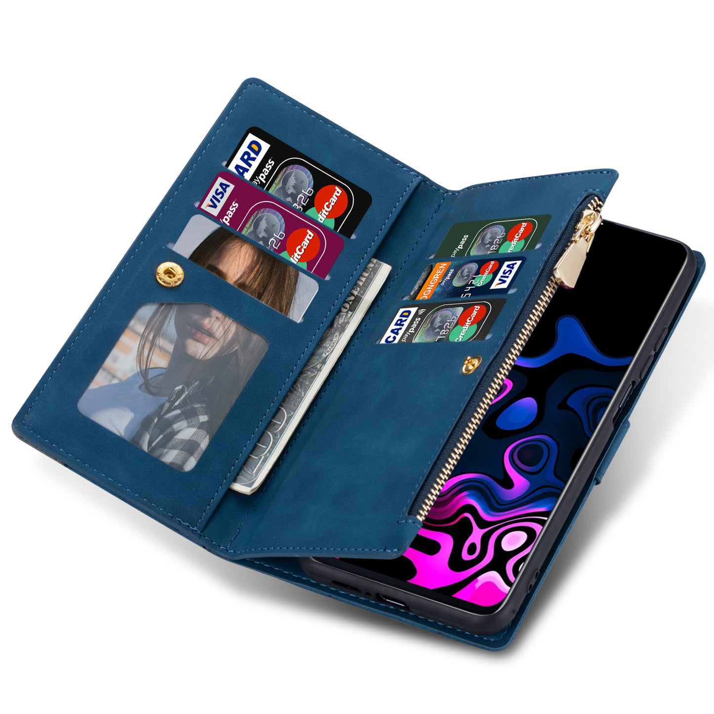 For Samsung Galaxy S24 Ultra Case PU Leather Zipper Pocket Lines Imprinted Cover - Blue