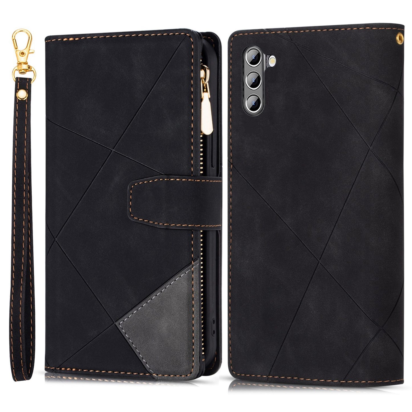 For Samsung Galaxy S24+ Case Zipper Pocket Color Splicing Wallet Phone Cover - Black