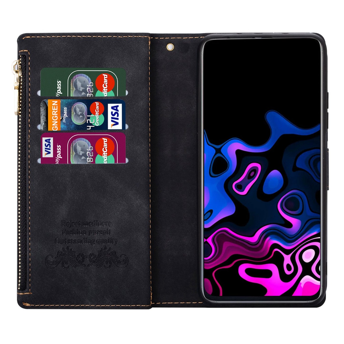 For Samsung Galaxy S24+ Case Zipper Pocket Color Splicing Wallet Phone Cover - Black