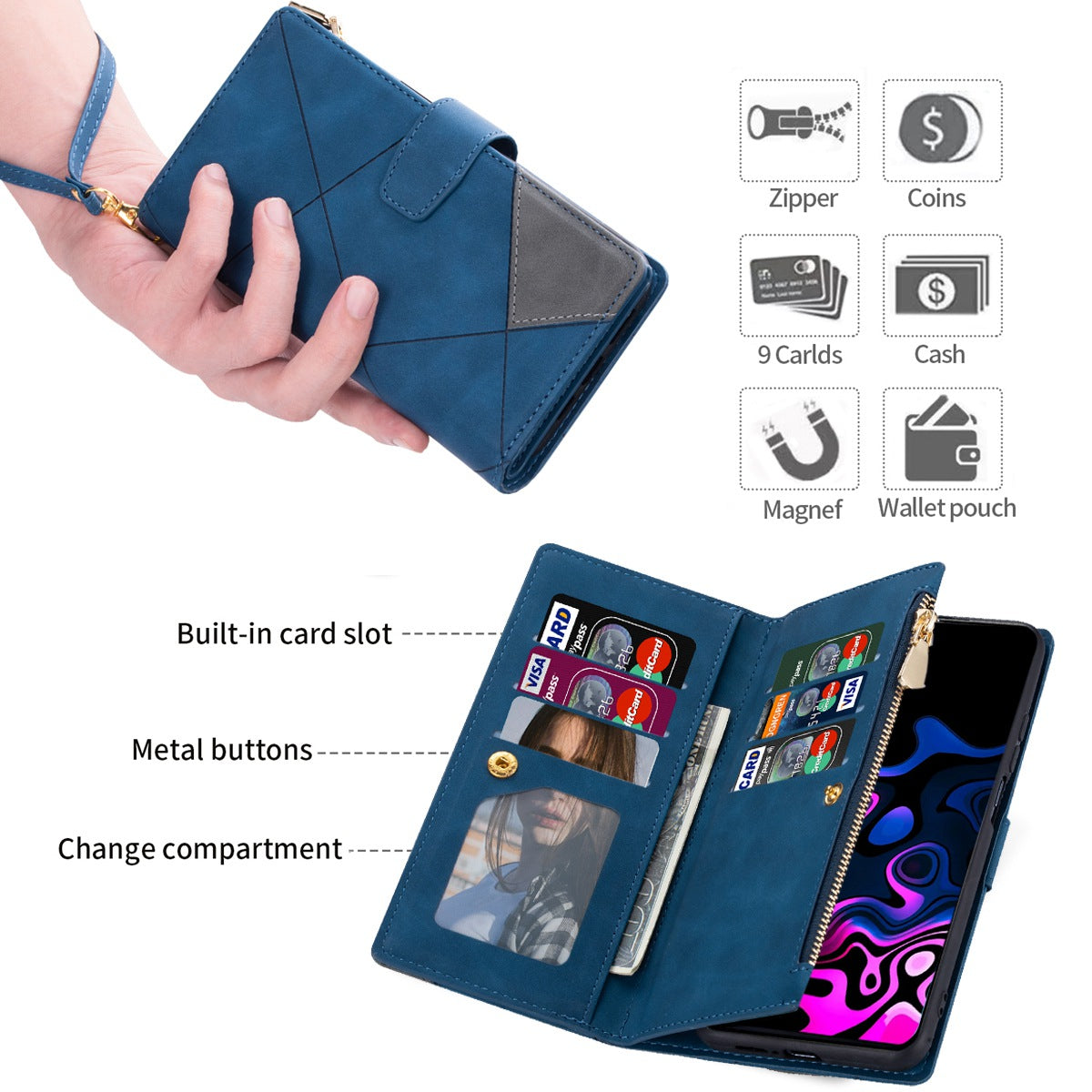 For Samsung Galaxy S24+ Case Zipper Pocket Color Splicing Wallet Phone Cover - Blue