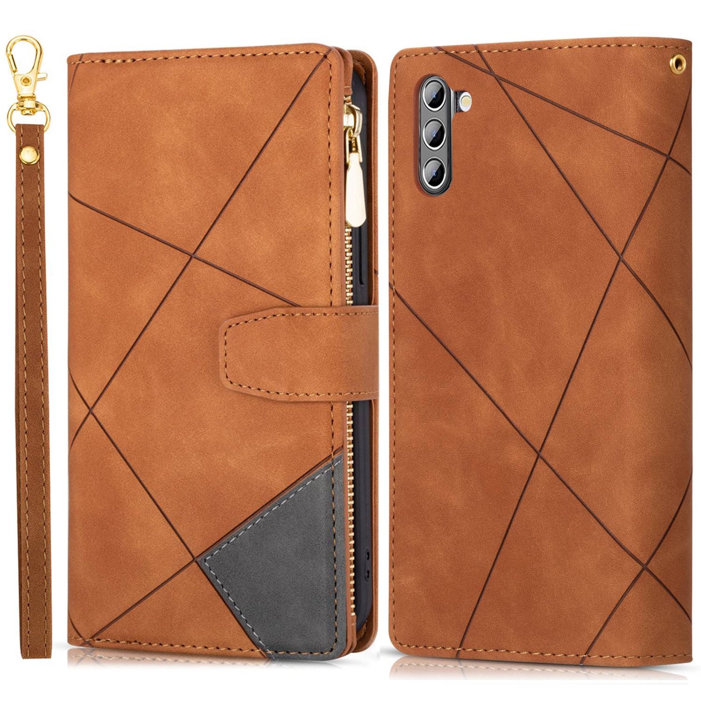 For Samsung Galaxy S24+ Case Zipper Pocket Color Splicing Wallet Phone Cover - Brown