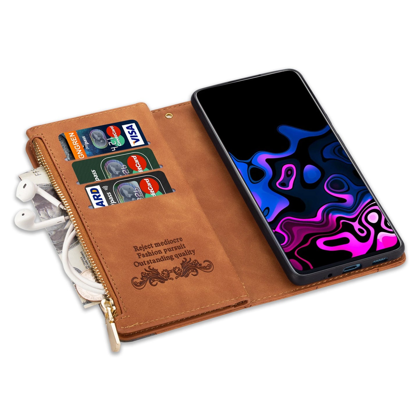 For Samsung Galaxy S24+ Case Zipper Pocket Color Splicing Wallet Phone Cover - Brown