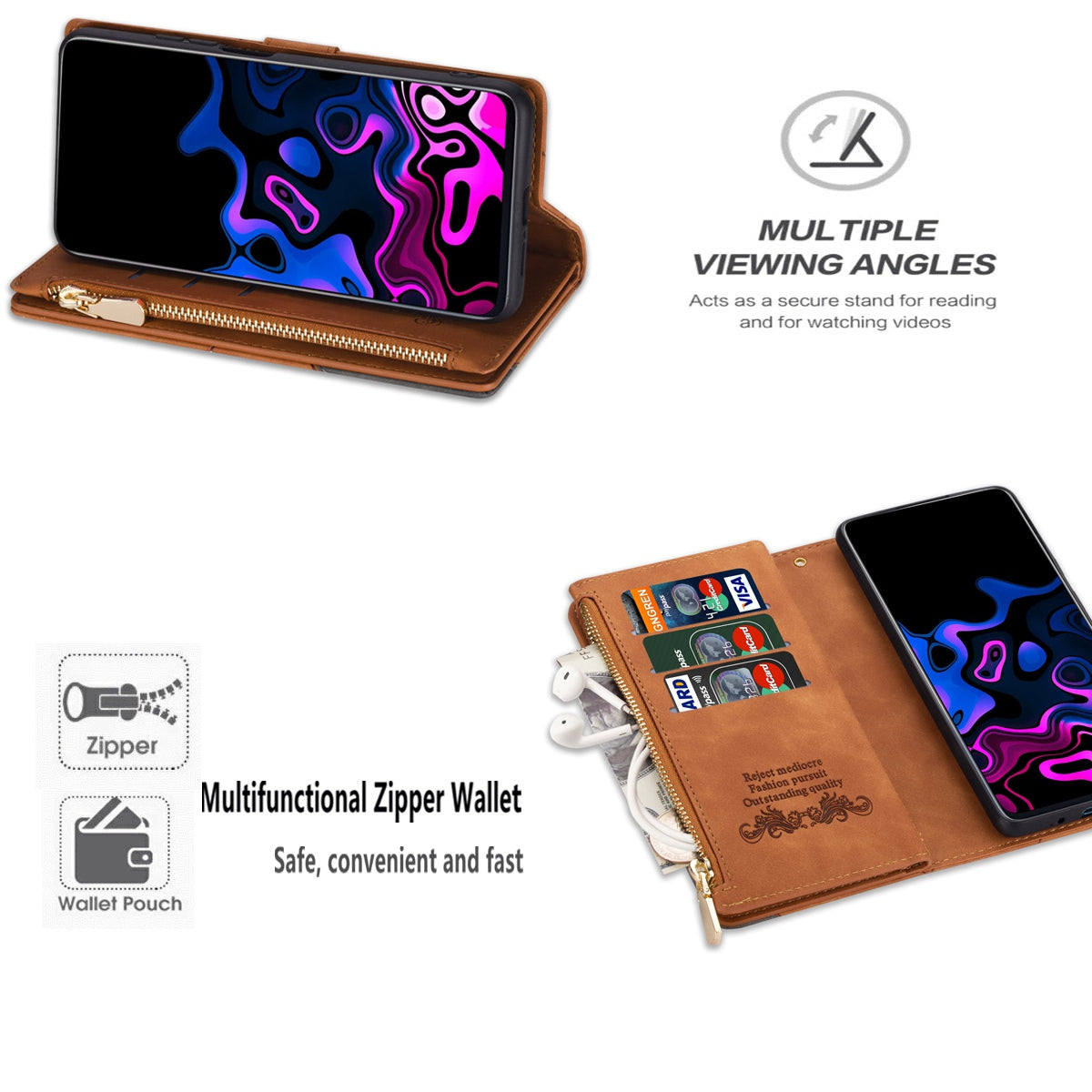 For Samsung Galaxy S24+ Case Zipper Pocket Color Splicing Wallet Phone Cover - Brown