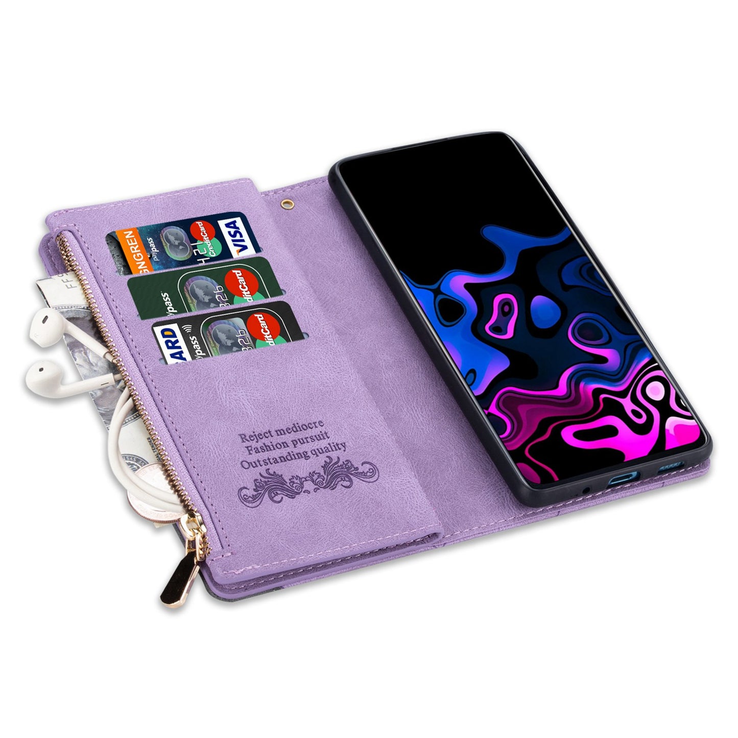For Samsung Galaxy S24+ Case Zipper Pocket Color Splicing Wallet Phone Cover - Purple