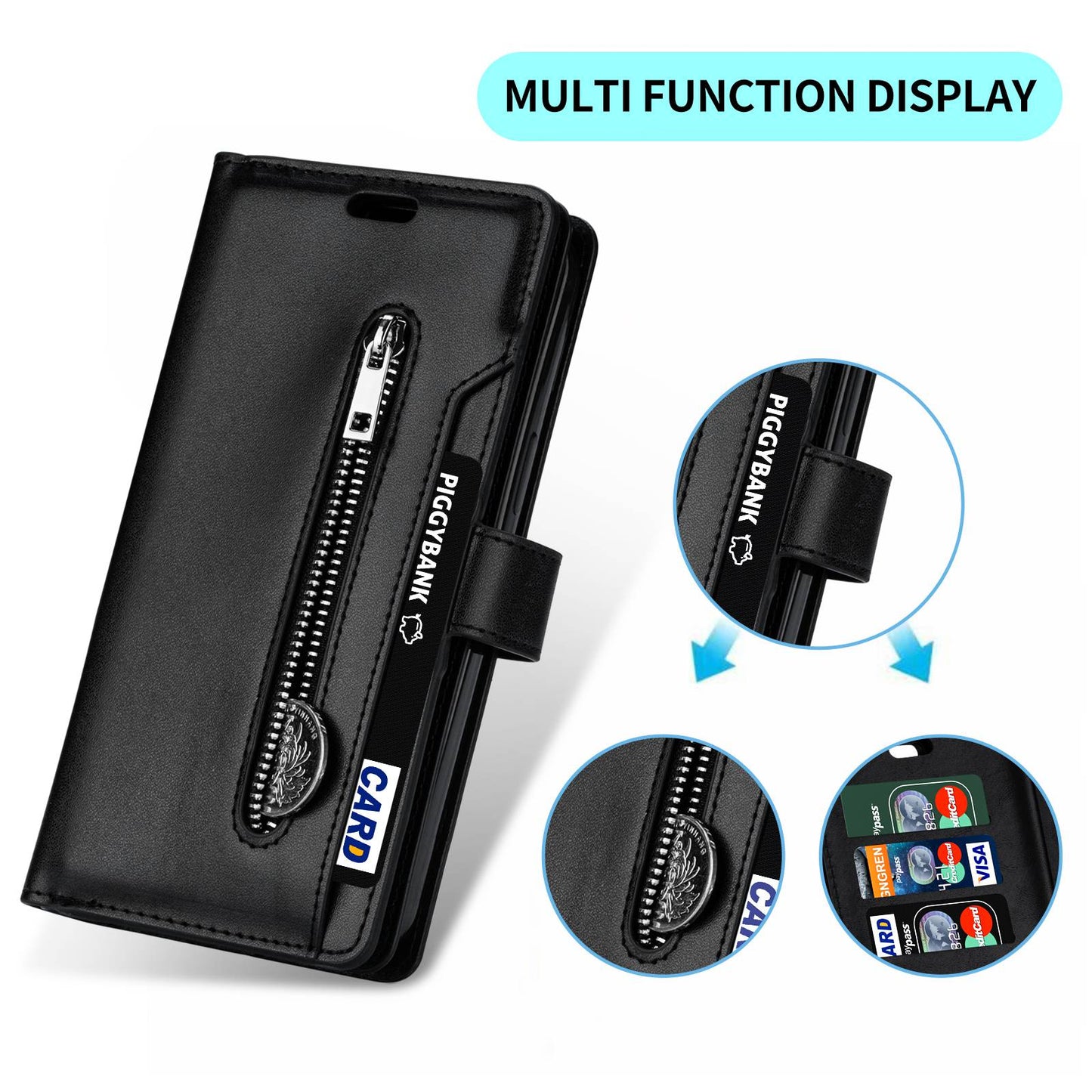 For Samsung Galaxy S24 Case Zipper Pocket Multifunctional Leather Phone Cover - Black