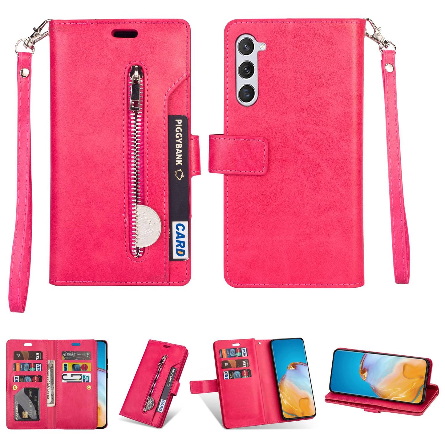 For Samsung Galaxy S24 Case Zipper Pocket Multifunctional Leather Phone Cover - Rose